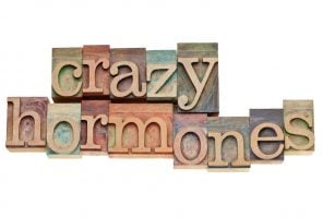crazy hormones - isolated words in vintage letterpress wood type stained by color inks