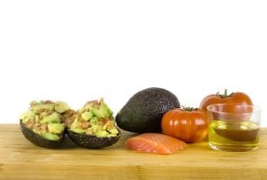 Stuffed avocados with avocado, tomates, salmon and oil. Good fats.