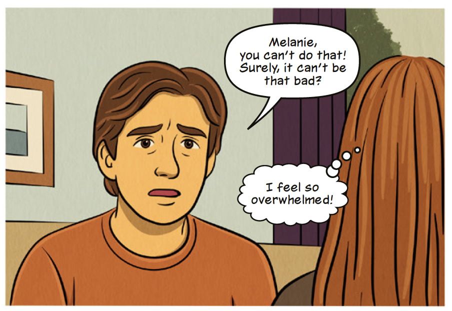 Navigating Menopause in the Workplace comic - Melanie discussing quitting her role with her partner
