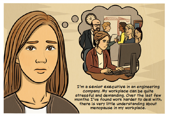 Navigating Menopause in the Workplace comic - Melanie reflecting on her role